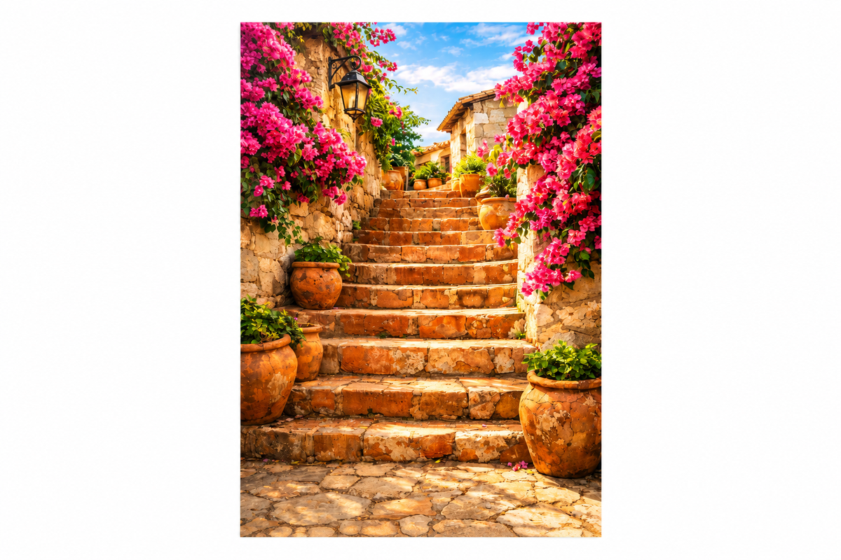 Portrait canvas of golden stone steps, pink bougainvillea and terracotta pots centred on a pure white landscape background - Portugal Canvas Co