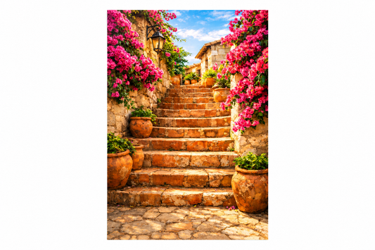 Portrait canvas of golden stone steps, pink bougainvillea and terracotta pots centred on a pure white landscape background - Portugal Canvas Co
