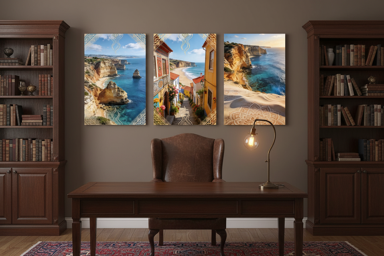 Portuguese coastal triptych canvas wall art set with Azulejo border displayed in an elegant home study with dark wood bookshelves and warm lighting - Portugal Canvas Co