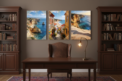 Portuguese coastal triptych canvas wall art set with Azulejo border displayed in an elegant home study with dark wood bookshelves and warm lighting - Portugal Canvas Co