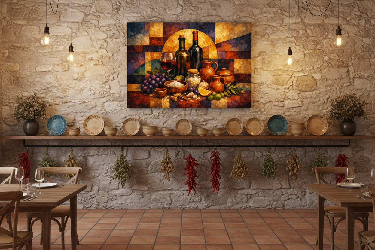 Grapes & Harvest Still Life Canvas displayed in a cosy Mediterranean tapas bar - Portugal Canvas Co