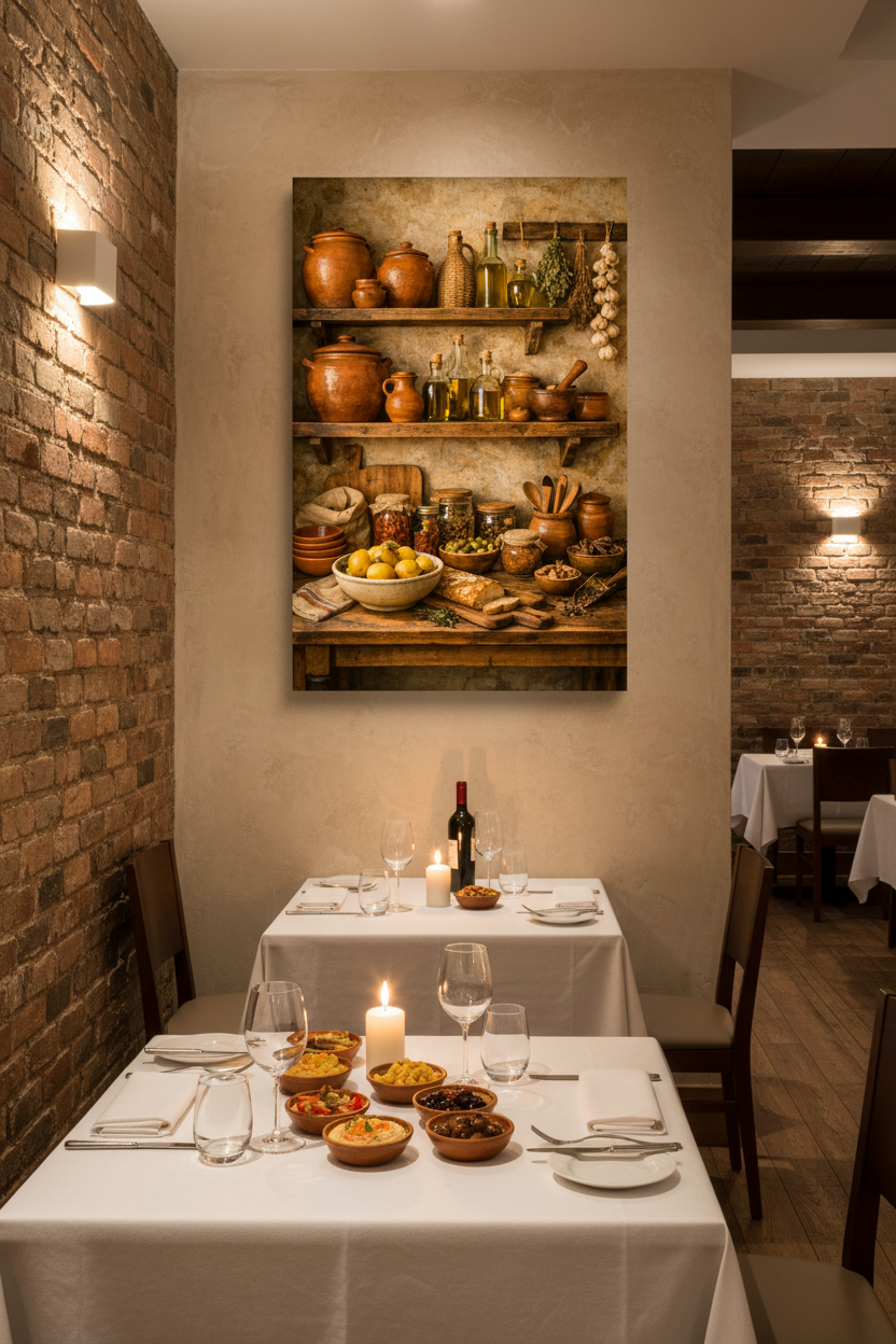 Mediterranean kitchen rustic pantry shelves canvas wall art displayed in an upscale restaurant dining room - Portugal Canvas Co