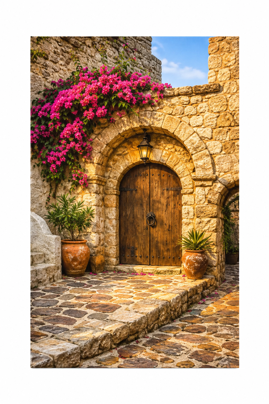Mediterranean stone archway with wooden door and pink bougainvillea canvas wall art flat lay on white background - Portugal Canvas Co