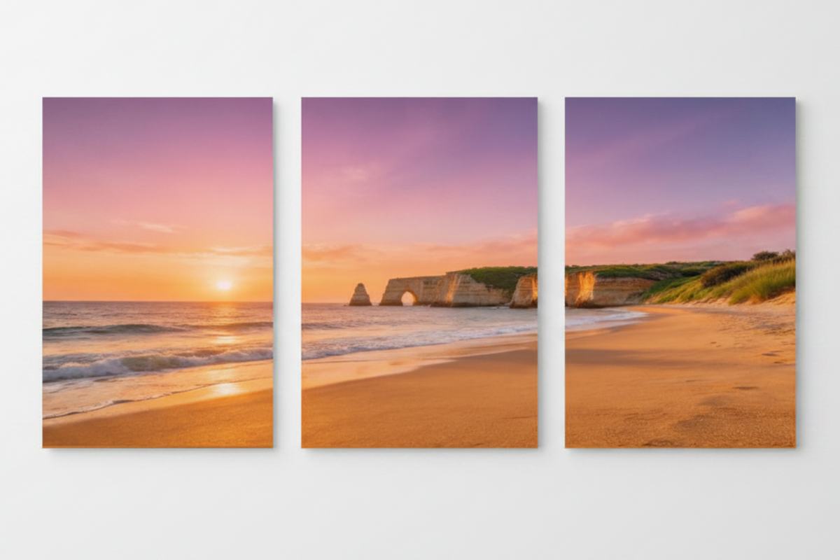 Algarve beach sunset triptych canvas wall art flat lay on white background - Portugal Canvas Co