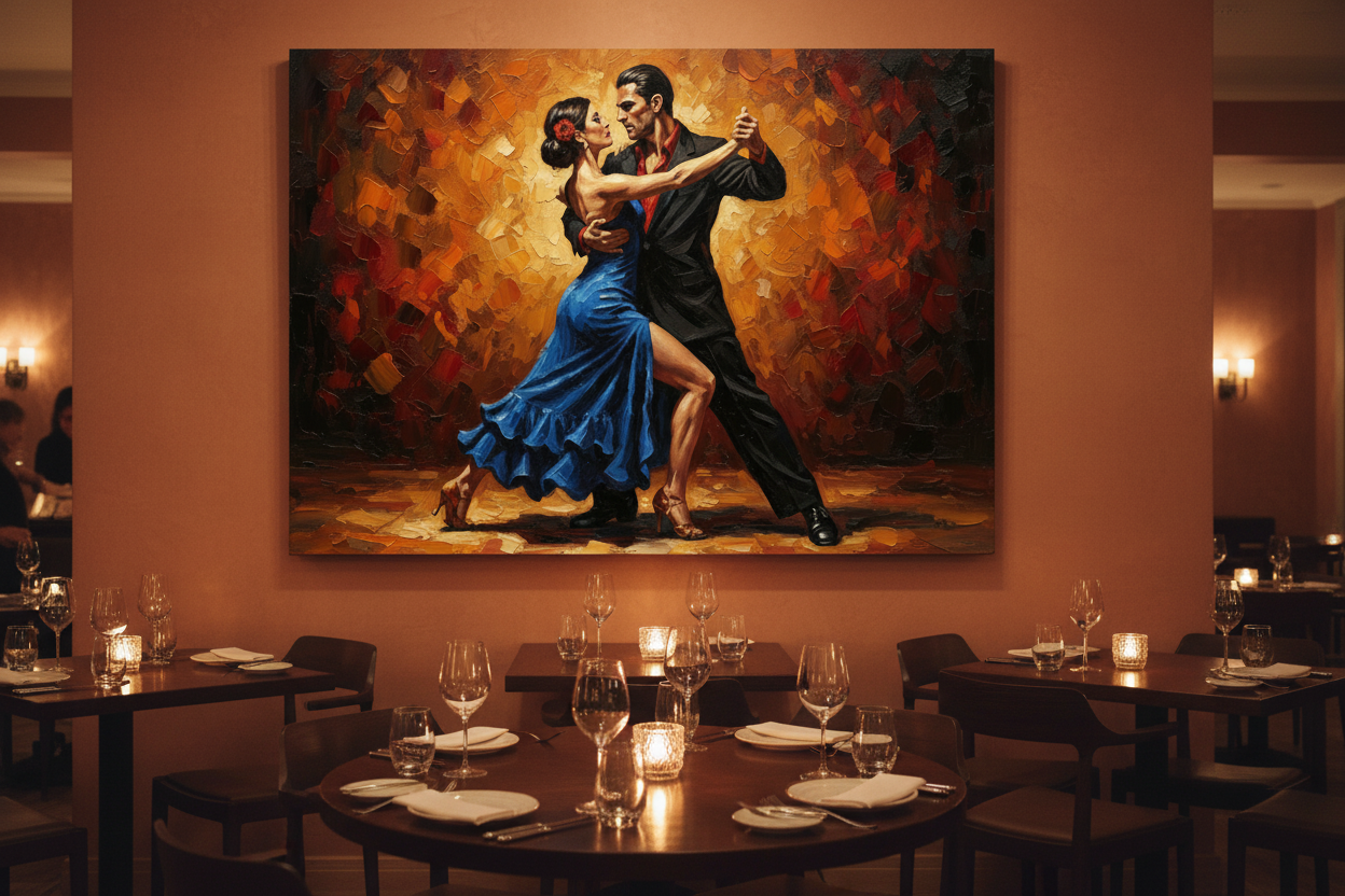 Blue dress tango couples dance canvas wall art on a terracotta wall in an upscale candlelit restaurant dining room - Portugal Canvas Co
