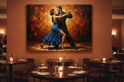 Blue dress tango couples dance canvas wall art on a terracotta wall in an upscale candlelit restaurant dining room - Portugal Canvas Co
