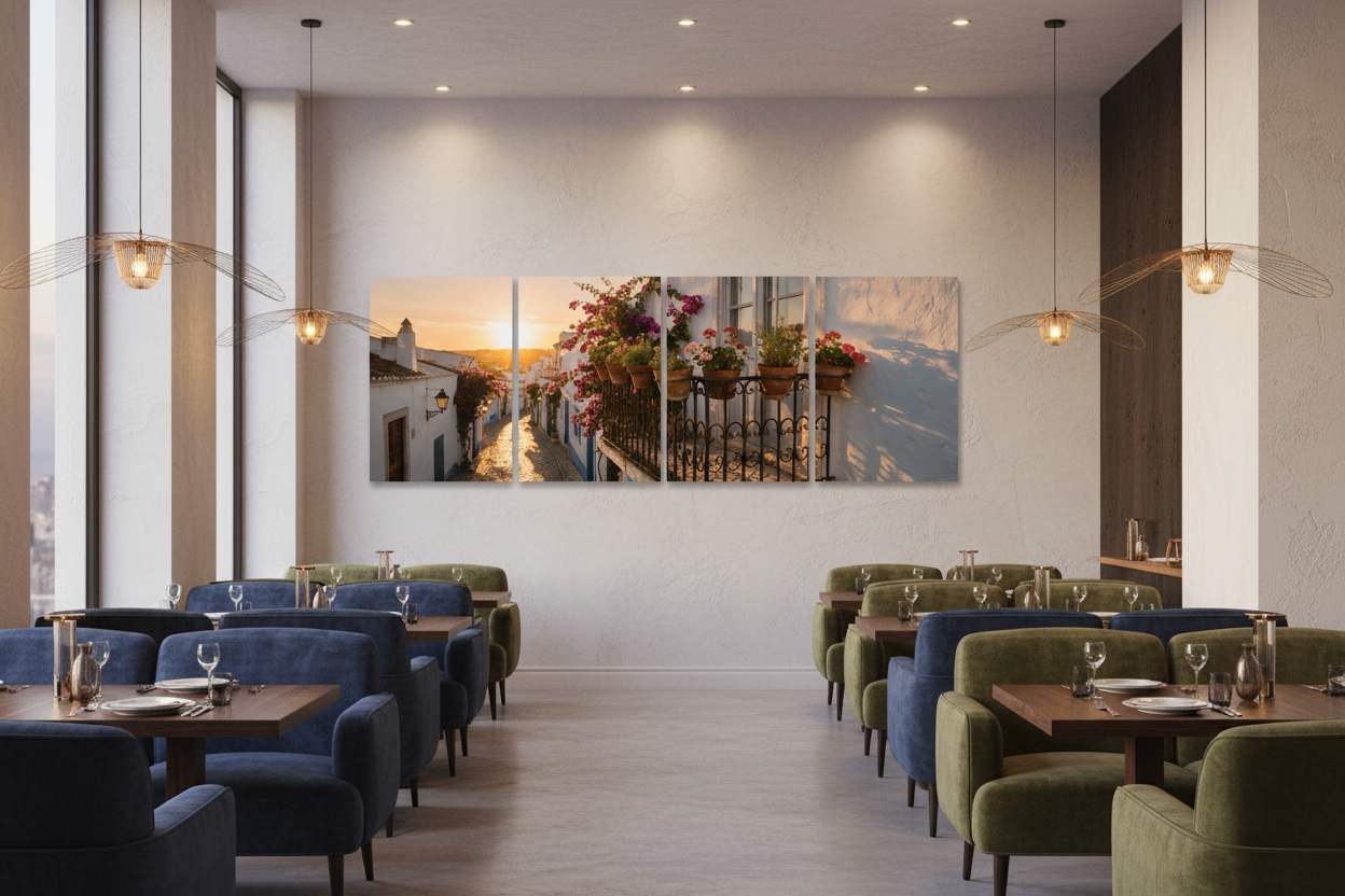 Old Town Albufeira four-panel canvas wall art in a high-end restaurant lounge - Portugal Canvas Co