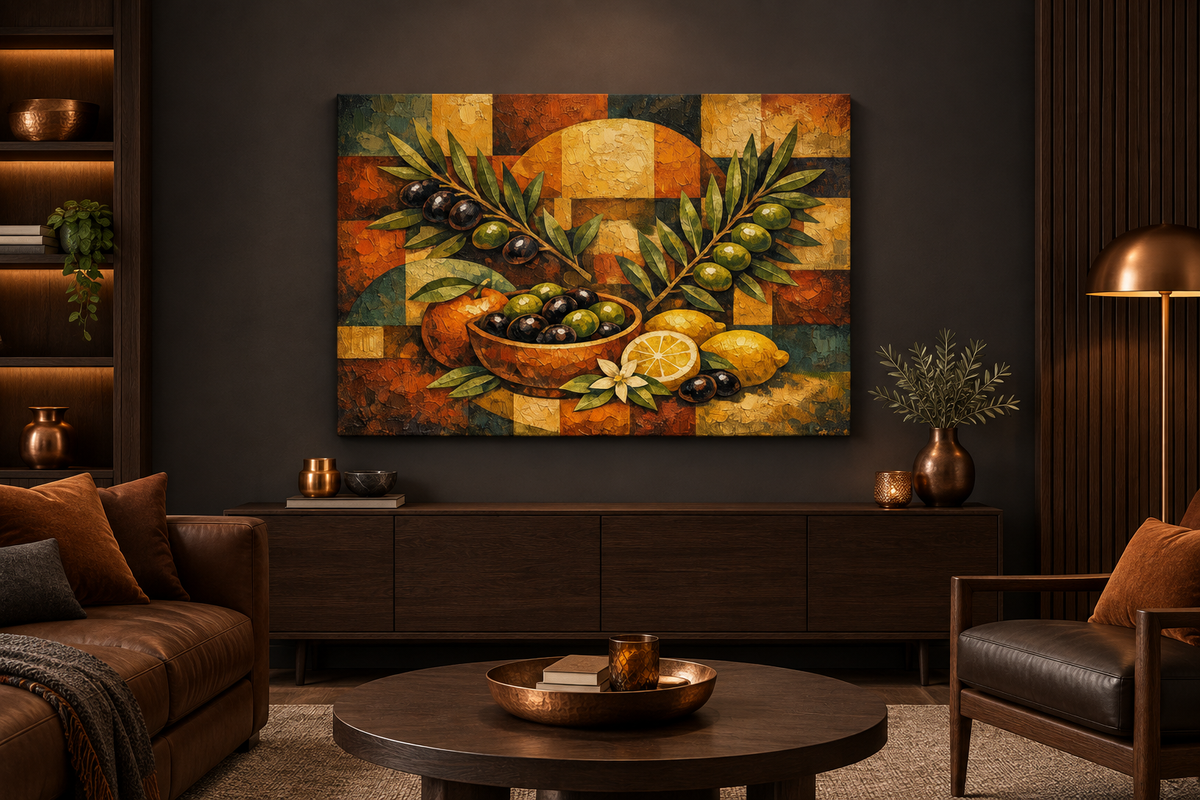 Olives and citrus gallery-wrapped canvas in charcoal and amber lounge - Portugal Canvas Co
