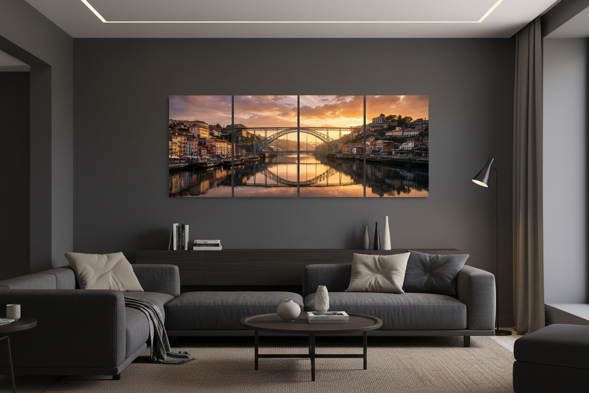 Porto bridge four-panel canvas in a dark living room - Portugal Canvas Co