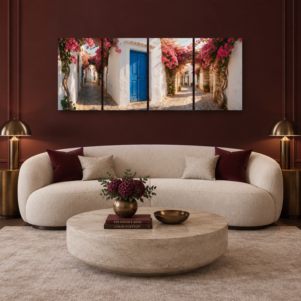 Albufeira Old Town bougainvillea four-panel canvas set above a curved ivory sofa in a burgundy lounge - Portugal Canvas Co