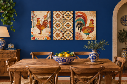 Barcelos rooster and Portuguese tile three-panel canvas set in a cobalt blue dining room - Portugal Canvas Co