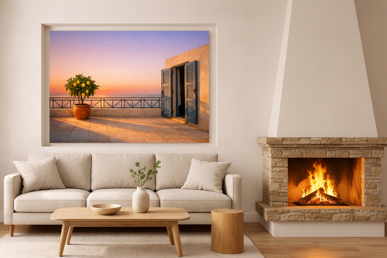 Mediterranean terrace with lemon tree and blue shutters at sunset canvas wall art hung in a recessed alcove beside a stone fireplace in an elegant living room - Portugal Canvas Co