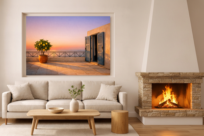 Mediterranean terrace with lemon tree and blue shutters at sunset canvas wall art hung in a recessed alcove beside a stone fireplace in an elegant living room - Portugal Canvas Co