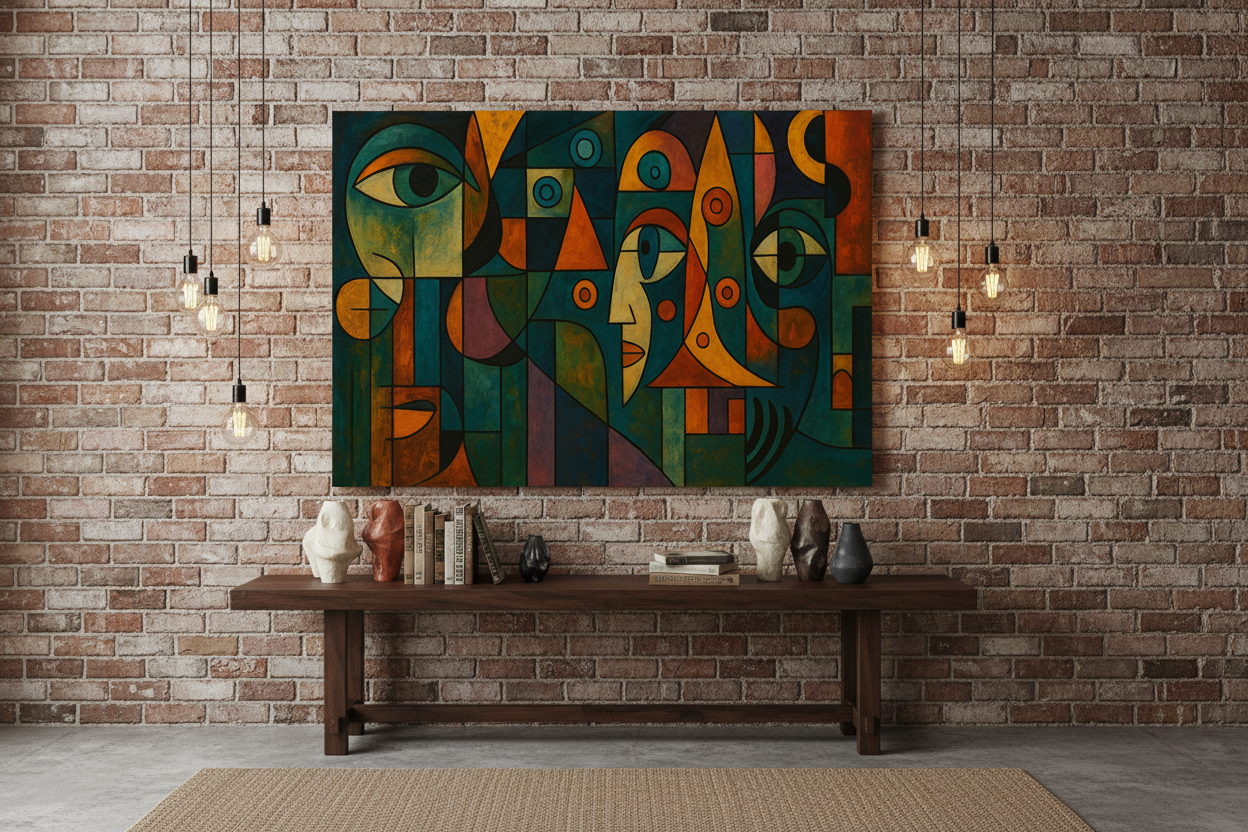 Colorful cubist faces abstract canvas wall art displayed on exposed brick wall above dark wood console in trendy urban loft - Portugal Canvas Co