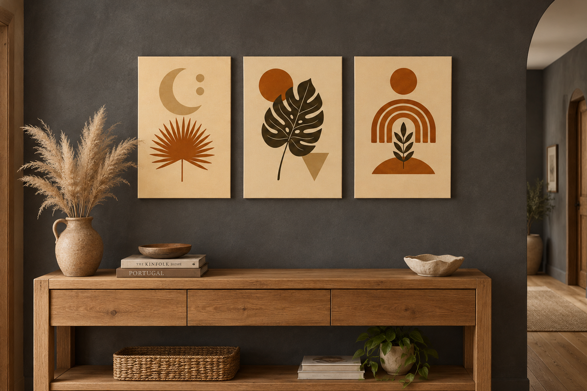Modern boho botanical canvas triptych in a charcoal limewash hallway with oak console - Portugal Canvas Co