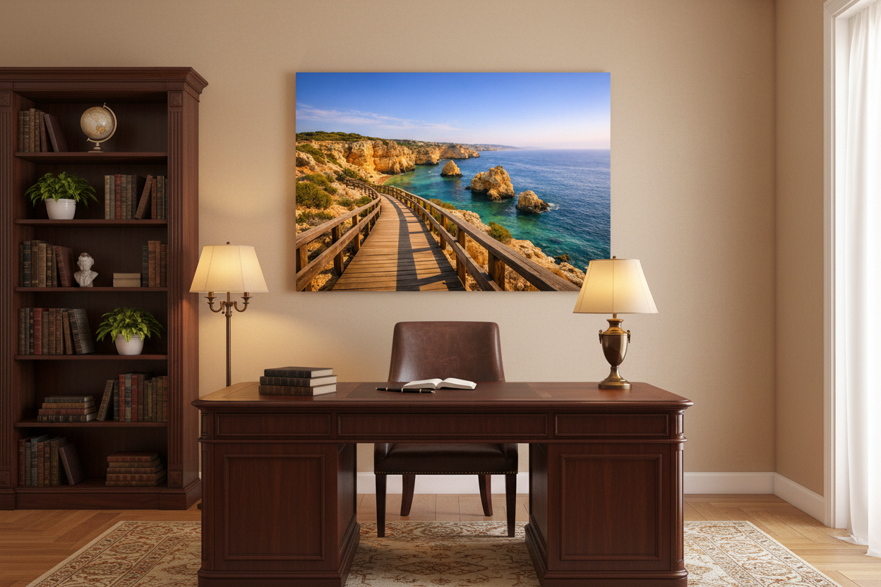 Carvoeiro boardwalk Algarve coastal cliff canvas wall art displayed in a sophisticated home study with warm lamp lighting - Portugal Canvas Co