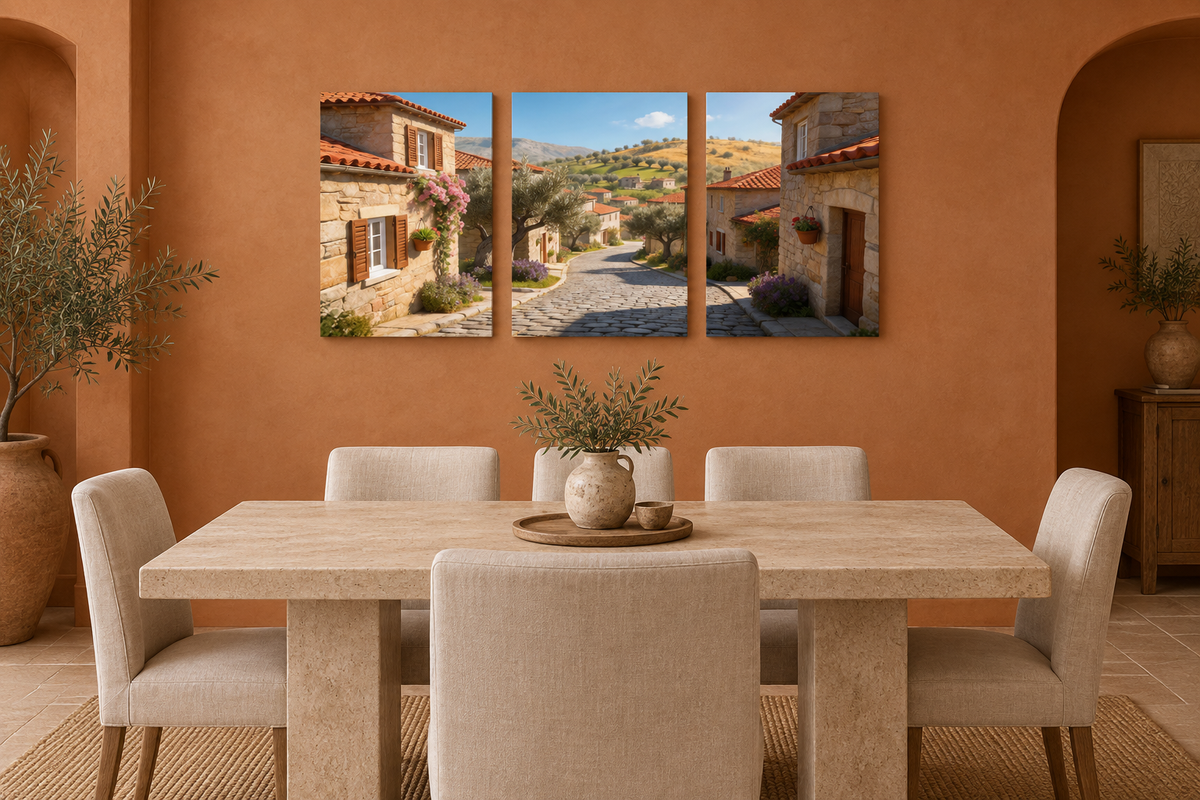 Sunlit stone village three-panel gallery-wrapped canvas above stone table in terracotta dining room - Portugal Canvas Co