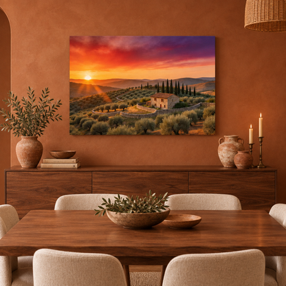 Tuscan-style sunset farmhouse canvas above a walnut sideboard in a terracotta dining room - Portugal Canvas Co