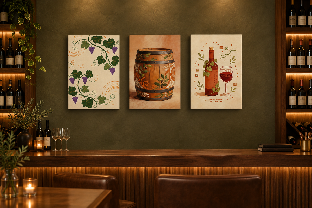 Three-piece grapevine and wine canvas set above a walnut counter in an olive-green wine bar - Portugal Canvas Co
