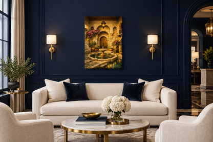 Moorish courtyard fountain canvas above ivory sofa against midnight navy wall - Portugal Canvas Co