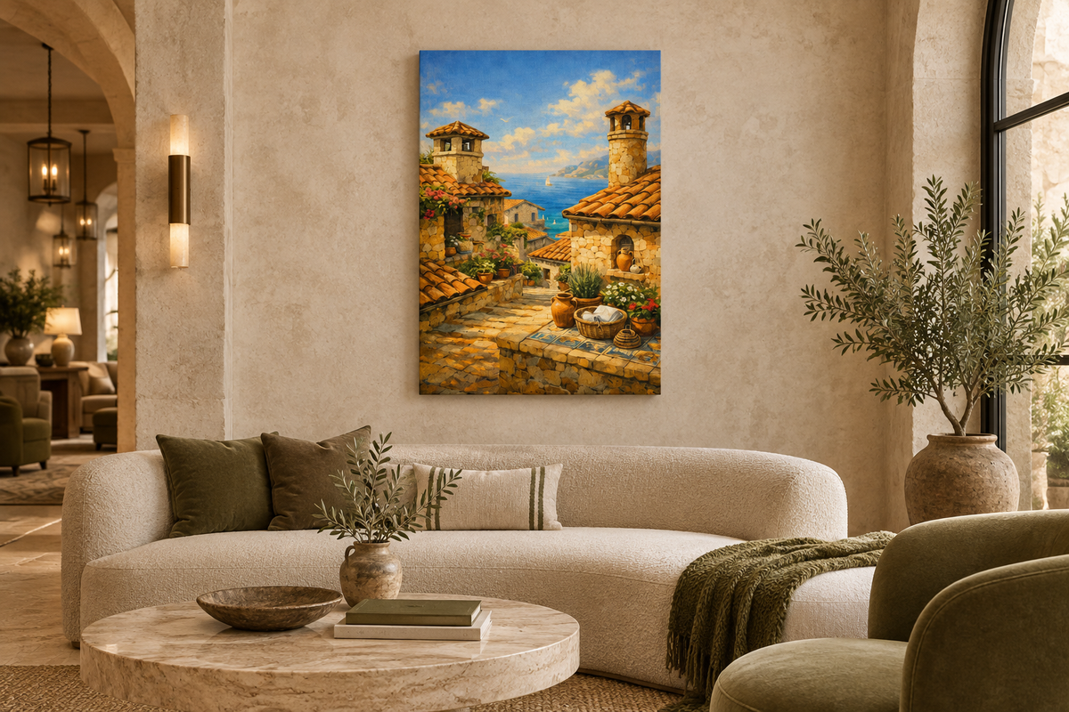 Mediterranean village sea view canvas displayed in a limestone boutique hotel lounge - Portugal Canvas Co