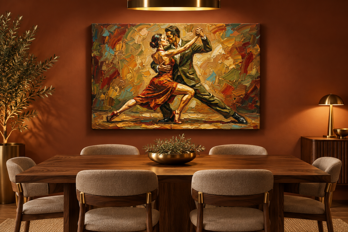 Earthy tango couple canvas displayed in a refined dining room - Portugal Canvas Co