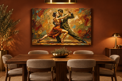 Earthy tango couple canvas displayed in a refined dining room - Portugal Canvas Co
