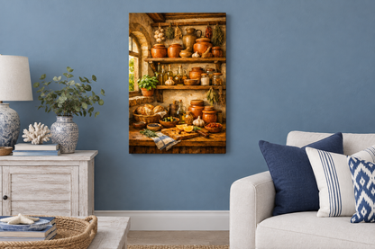 Mediterranean pantry still life canvas displayed in a coastal blue living room - Portugal Canvas Co
