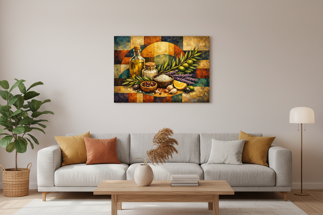 Mediterranean ingredients still life cubist canvas wall art displayed as a statement piece in a modern living room - Portugal Canvas Co