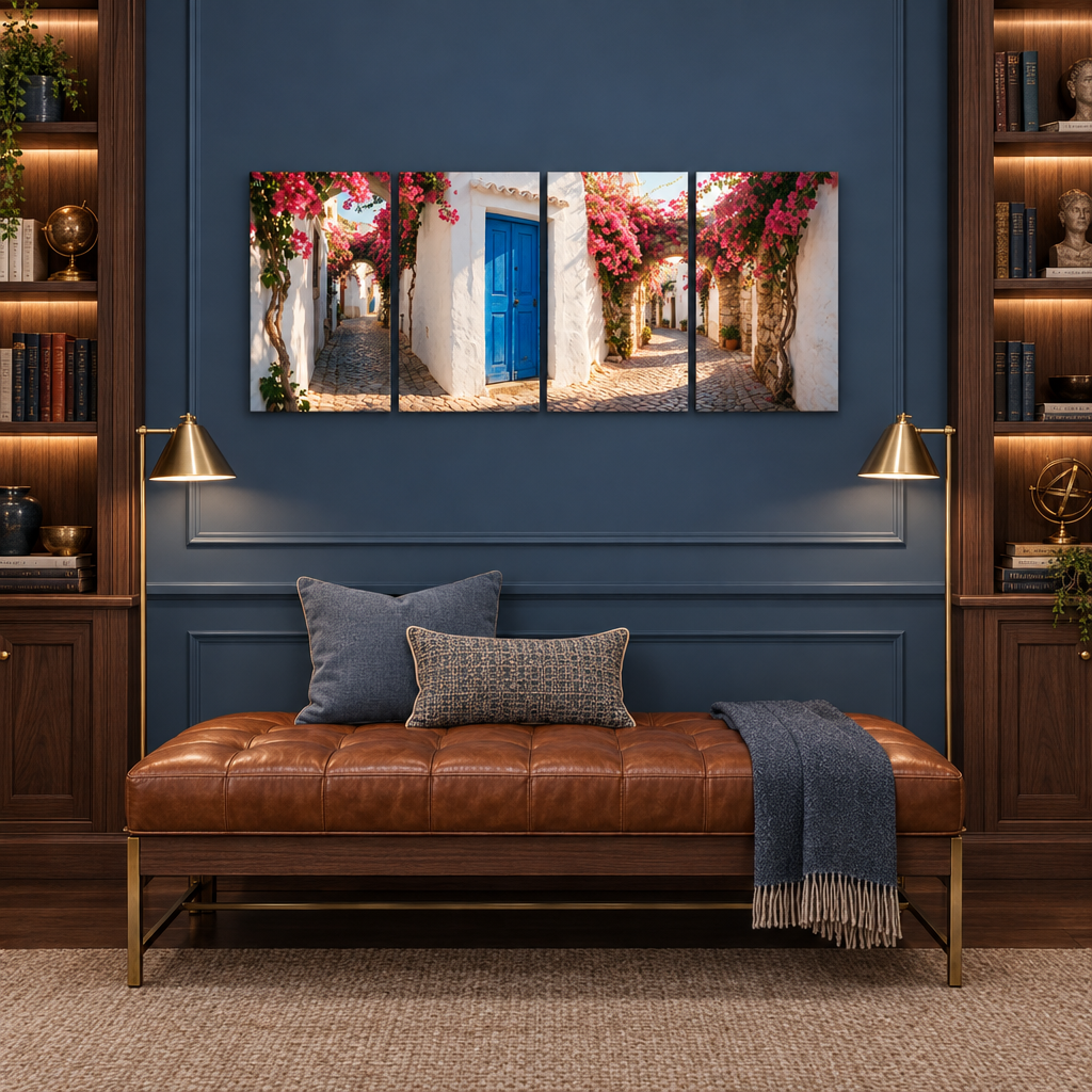 Albufeira Old Town bougainvillea four-panel canvas set above a cognac bench in a dusty blue reading room - Portugal Canvas Co