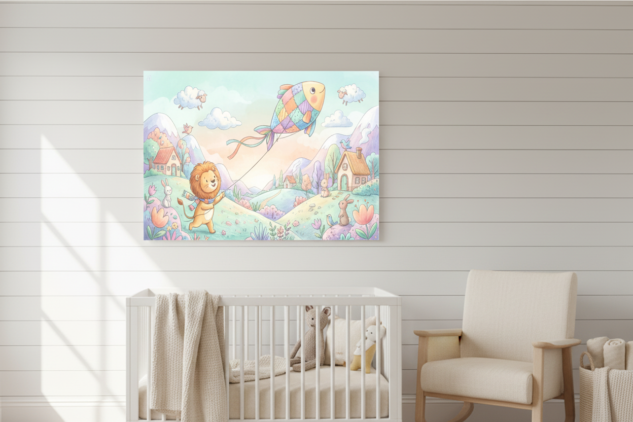 Whimsical lion flying kite nursery canvas wall art on a white shiplap wall in a cozy nursery with cream glider chair and woven basket - Portugal Canvas Co
