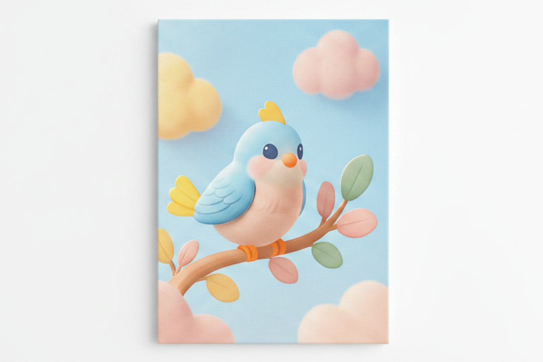 Blue bird on branch canvas print flat lay on white background, top-down overhead view, no frame - Portugal Canvas Co
