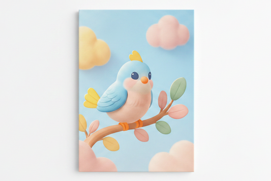 Blue bird on branch canvas print flat lay on white background, top-down overhead view, no frame - Portugal Canvas Co