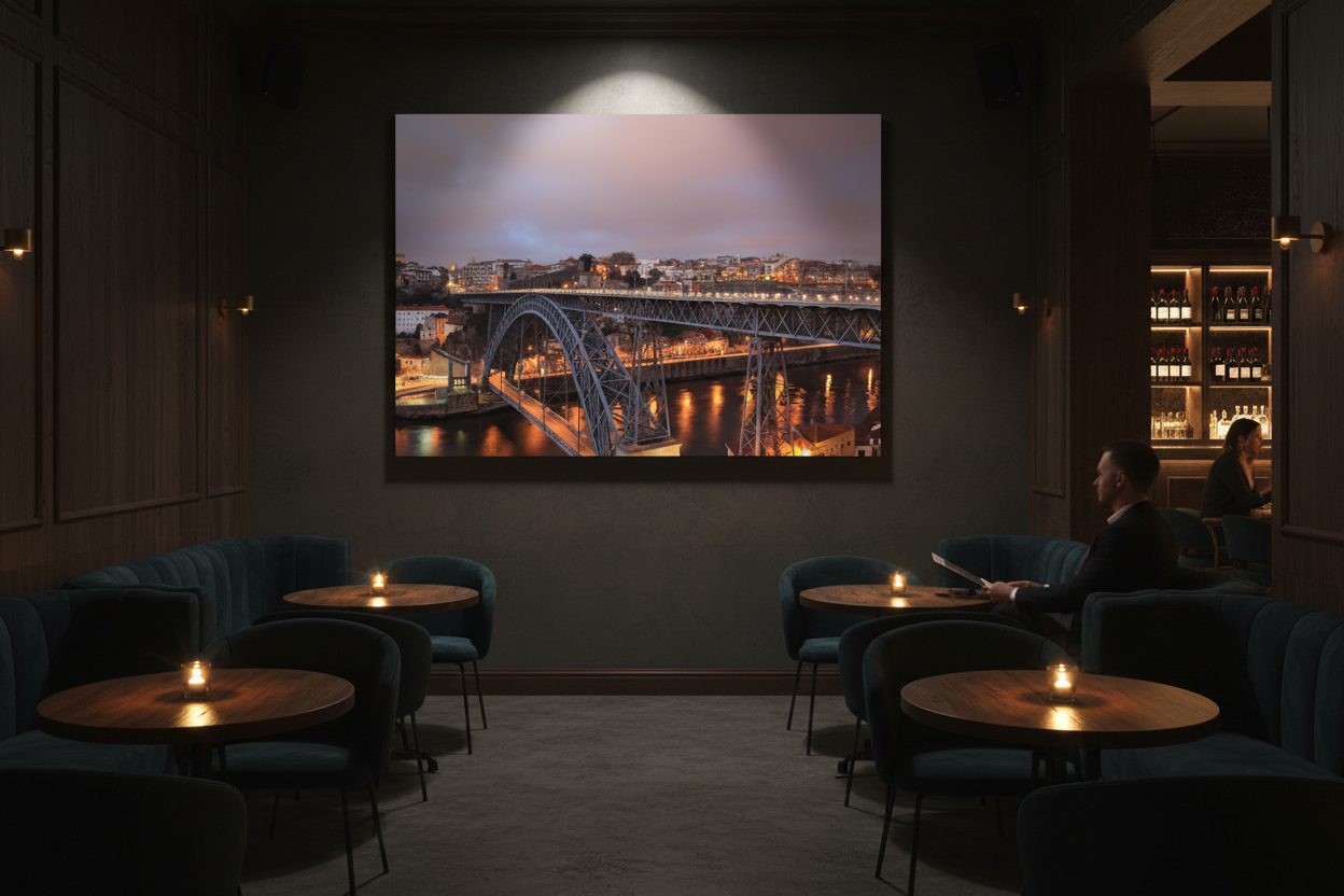 Porto Dom Luis I bridge night canvas wall art displayed in a moody upscale restaurant wine bar - Portugal Canvas Co