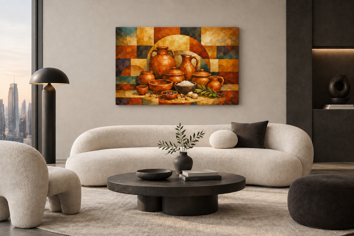 Terracotta ceramic still life gallery-wrapped canvas in a charcoal and cream penthouse lounge, evenly lit - Portugal Canvas Co