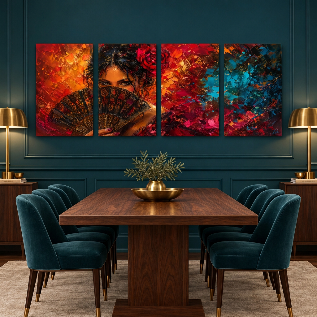 Four-panel woman with fan canvas artwork in a navy and gold room - Portugal Canvas Co
