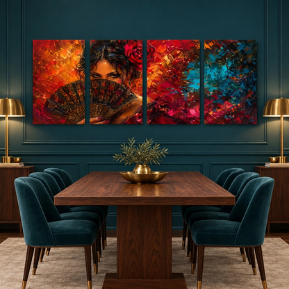 Four-panel woman with fan canvas artwork in a navy and gold room - Portugal Canvas Co