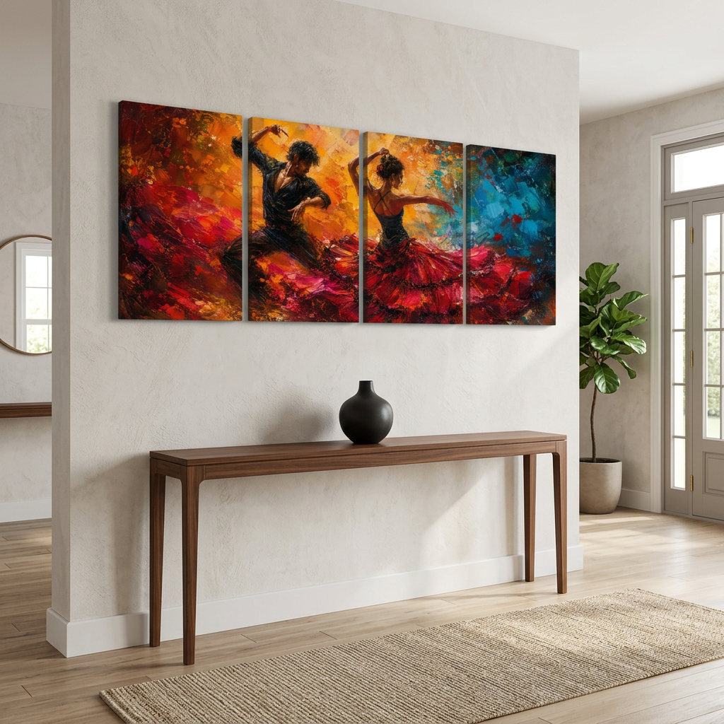 Four-panel flamenco dancer canvas art above a walnut console in a bright entryway - Portugal Canvas Co