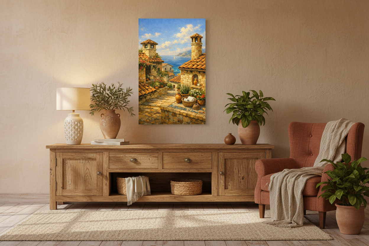 Mediterranean village sea view canvas wall art above rustic wooden sideboard in warm living room with soft lamp lighting - Portugal Canvas Co