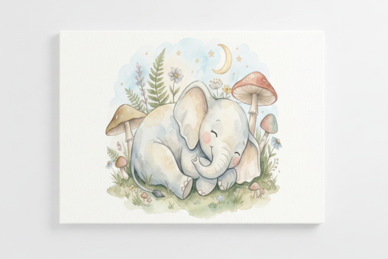 Sleeping baby elephant nursery canvas wall art flat lay on white background, overhead view - Portugal Canvas Co