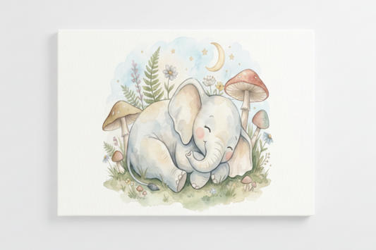 Sleeping baby elephant nursery canvas wall art flat lay on white background, overhead view - Portugal Canvas Co