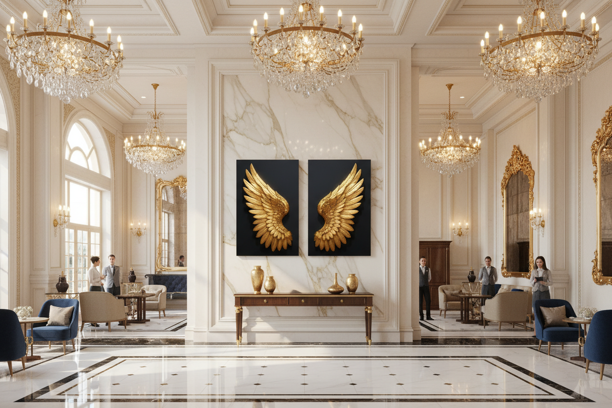 Golden angel wings diptych canvas wall art displayed on the feature wall of a grand luxury hotel reception lobby with marble floors and crystal chandeliers - Portugal Canvas Co