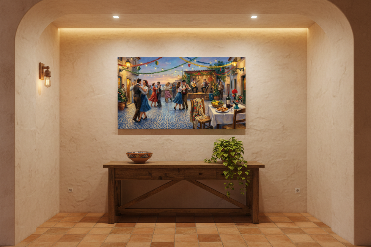 Portuguese festa dancing couples canvas wall art displayed in a warm rustic hallway entryway - Portugal Canvas Co