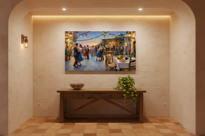 Portuguese festa dancing couples canvas wall art displayed in a warm rustic hallway entryway - Portugal Canvas Co