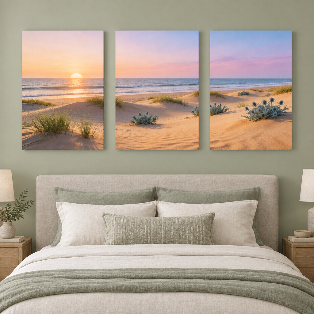 Three-panel beach sunset canvas art with dunes and sea above a sage green bedroom bed - Portugal Canvas Co