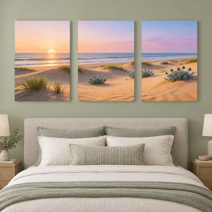 Three-panel beach sunset canvas art with dunes and sea above a sage green bedroom bed - Portugal Canvas Co