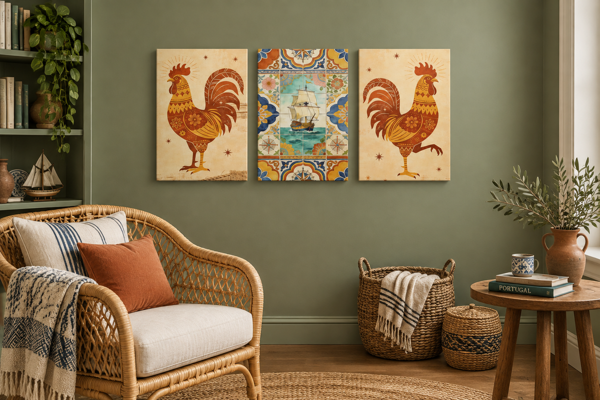 Galo de Barcelos and tall ship canvas set in a sage green reading nook with rattan chair - Portugal Canvas Co