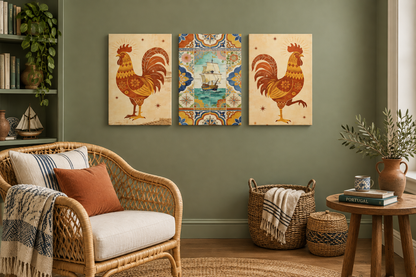 Galo de Barcelos and tall ship canvas set in a sage green reading nook with rattan chair - Portugal Canvas Co