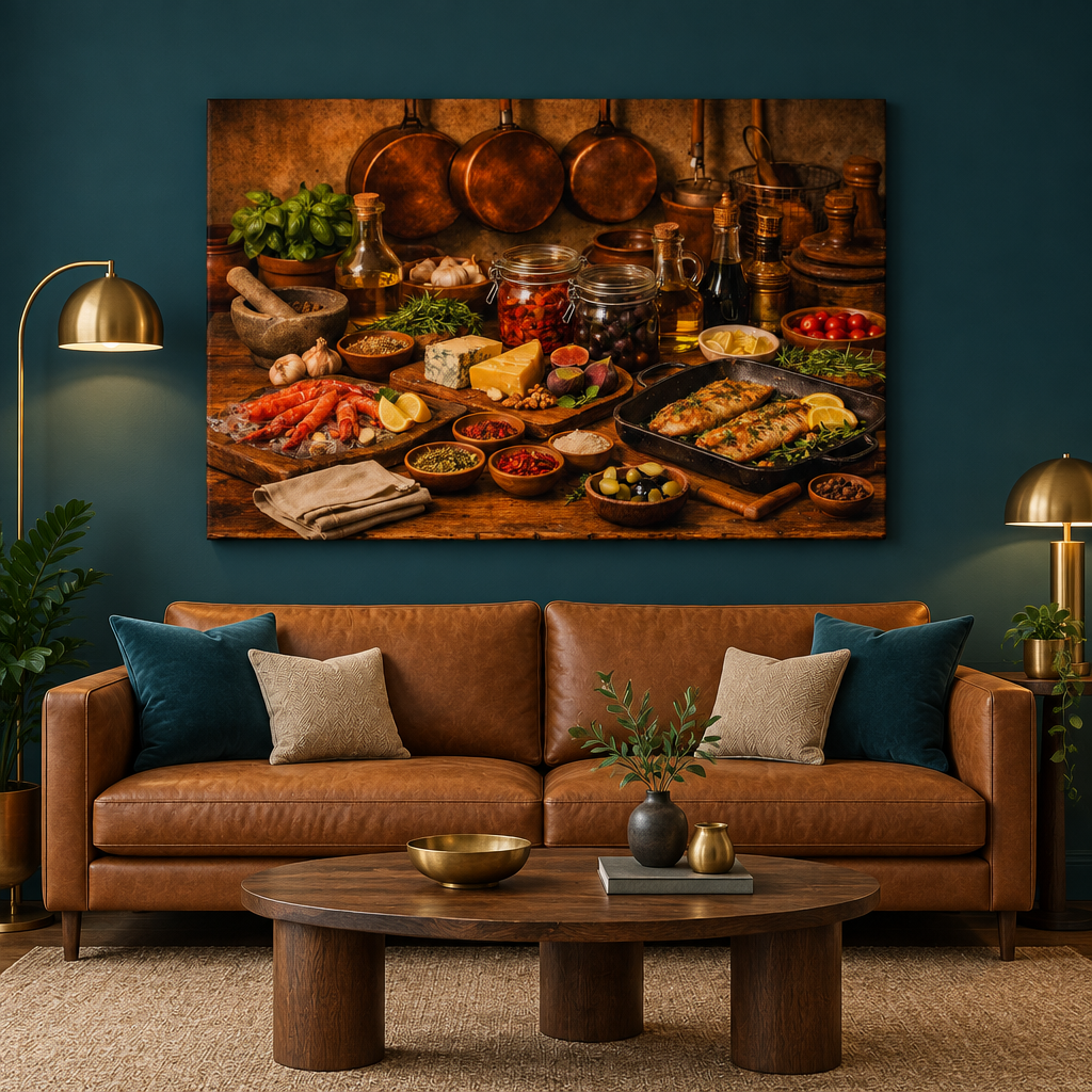 Food still-life canvas wall art in a teal living room with a caramel sofa - Portugal Canvas Co