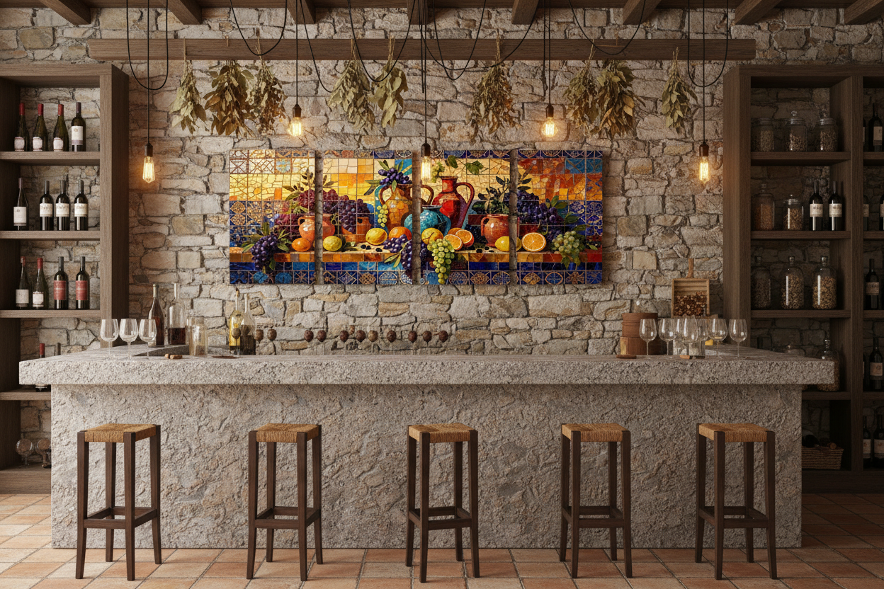 Mediterranean Mosaic Harvest Four-Panel Canvas Wall Art Set displayed in a rustic Porto bar - Portugal Canvas Co